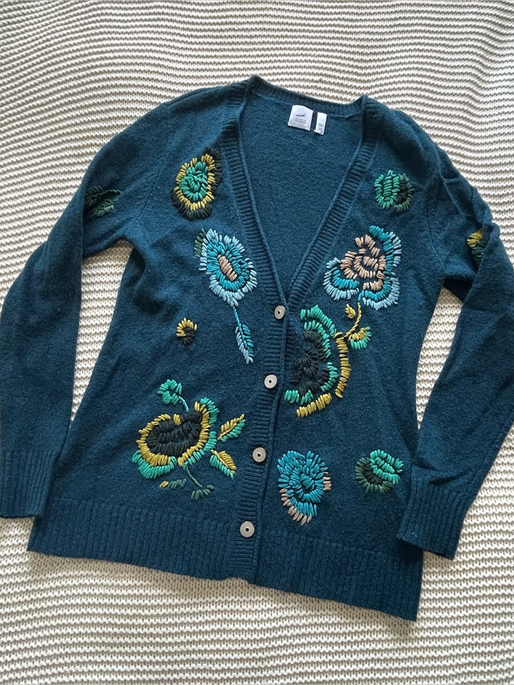 J-Jill XS Teal V-Neck Cardigan Sweater Floral Embroidered